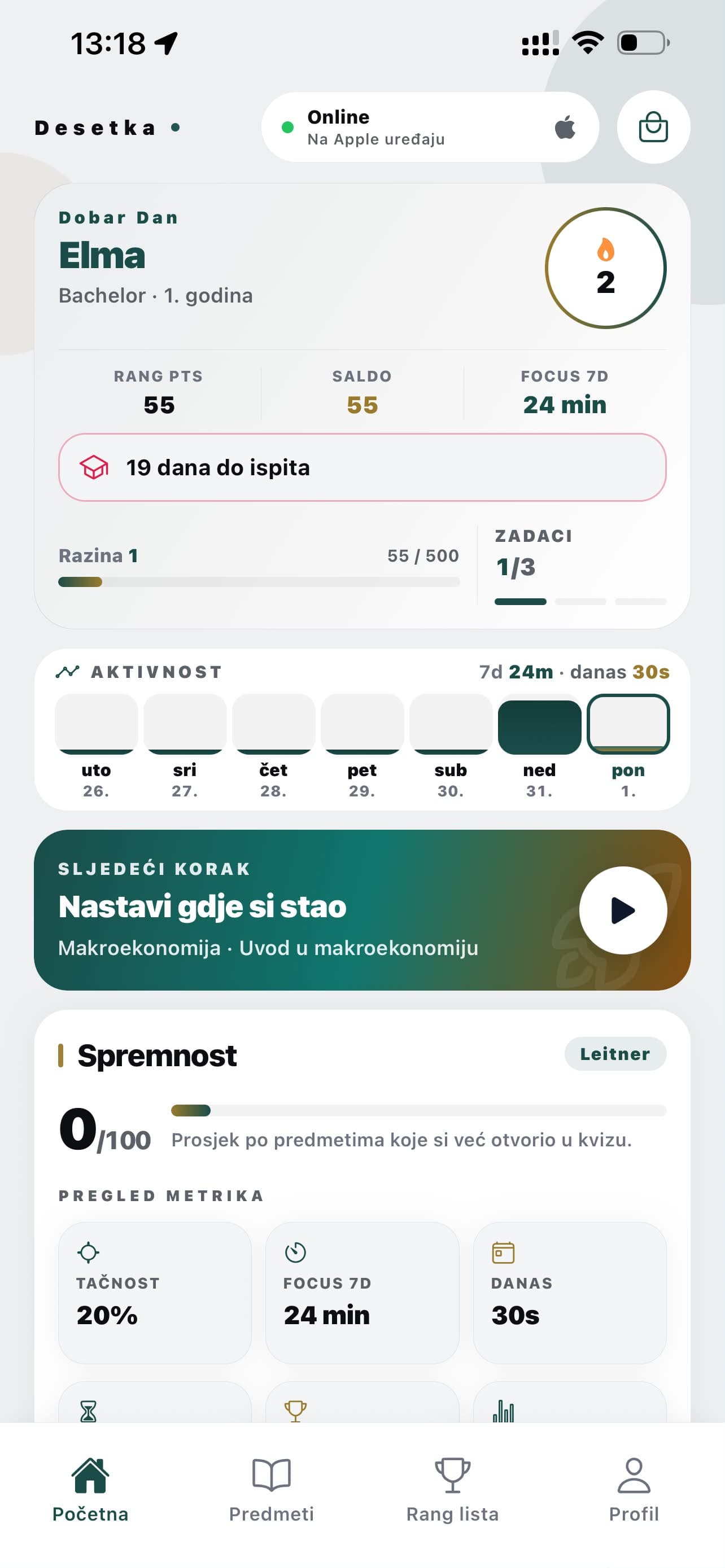 Desetka mobilni dashboard — streak, rang bodovi i dnevna aktivnost